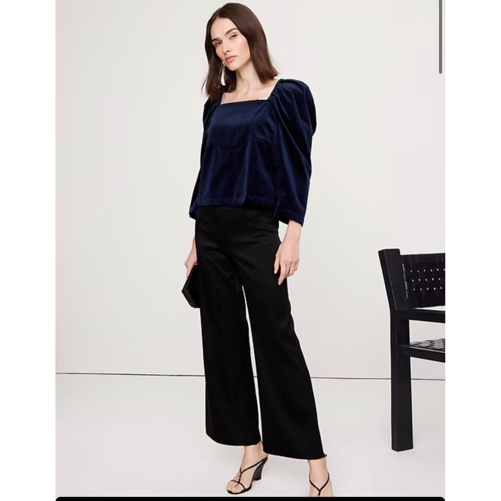 Banana Republic Navy Cotton Velvet Puff-Sleeve Tie-Back Top Sz S $140
